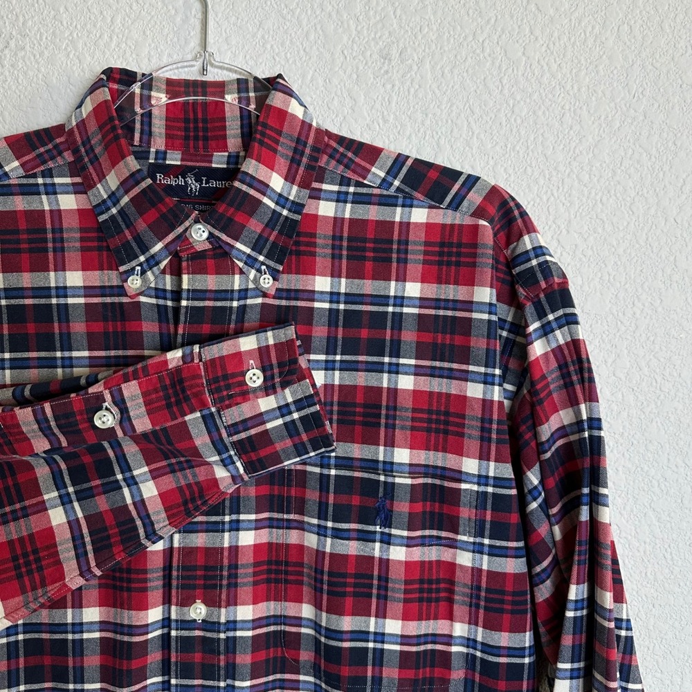 90s Ralph Lauren Big Shirt Mens S Red/Blue Plaid Cotton Button Down‎ Long Sleeve